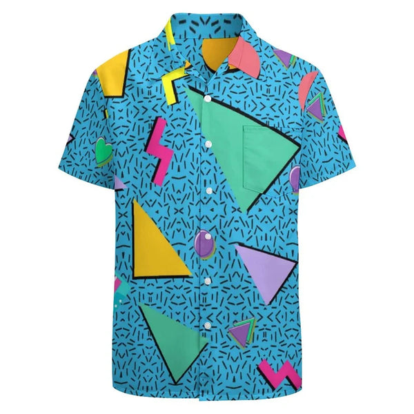 A man confidently sporting a men's retro 3D printed Hawaiian shirt with vibrant and funky Y2K-inspired graphics. This button-up short sleeve shirt not only gives a nostalgic nod to vintage clothing and streetwear, but also incorporates a contemporary twist with its unique 3D printing. Ideal for beachwear, parties, or casual day-outs, the shirt transforms an ordinary look into a striking fashion statement, making it a perfect fit for men's fashion, Hawaiian shirt, and vintage clothing enthusiasts.